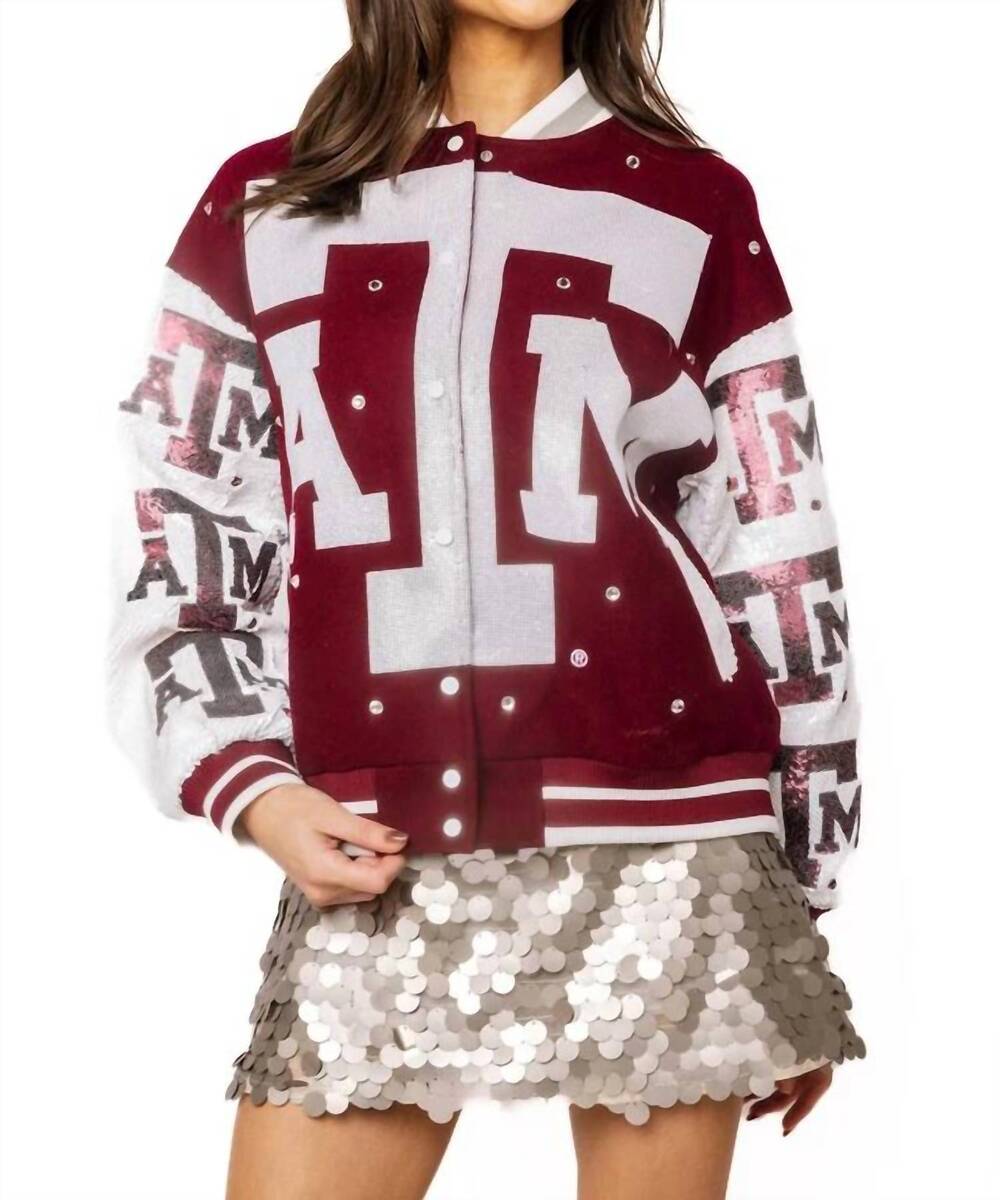 NEW QUEEN OF SPARKLES texas a and m bomber jacket in burgundy white